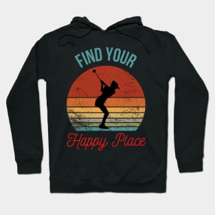 Find Your Happy Place - Female Golfer Silhouette Over a Retro Sunset Hoodie